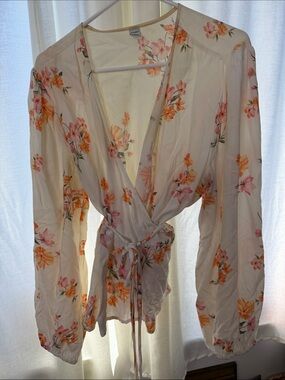 Old Navy Cream Floral Wrap Top with Pink & Orange Flowers